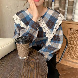 Lace Trim Doll-collar Plaid Blouse