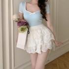 Short-sleeve Bow T-shirt / A-line Layered Skirt