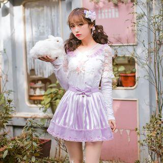 Bow Accent Frill Trim Long Sleeve Top