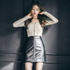 Set: Buttoned V-neck Knit Top + Zip Front Faux Leather Mini Skirt