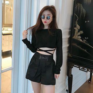 Set: Long-sleeve Crop T-shirt + Crisscross Wrap Camisole Top + Shorts Black - One Size