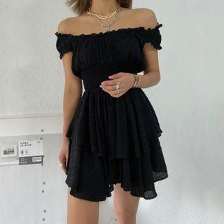 Off-shoulder Shirred Frill Trim Mini A-line Dress