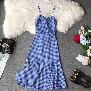 Lace-up Back Check Pattern Sleeveless Dress