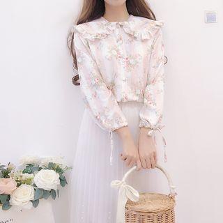 Ruffle Trim Floral Blouse / Sheer Midi Skirt