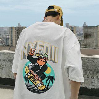 Elbow-sleeve Monkey Print Lettering T-shirt