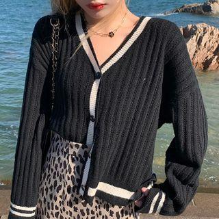 Contrast Trim Cardigan / Leopard Print Midi A-line Skirt