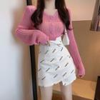 Plain Cardigan / Lettering Mini A-line Skirt