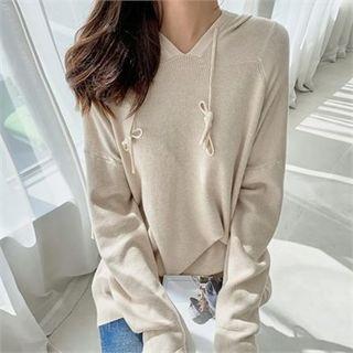 V-neck Boxy Hooded Knit Top