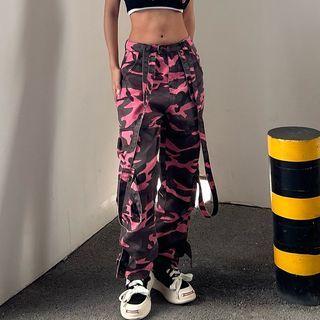 Camo Mid Rise Straight Leg Cargo Pants
