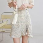 Short-sleeve Ruffle Trim Blouse / Drawstring Floral Ruffle Hem Mini Skirt