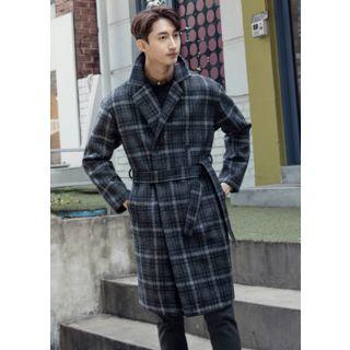 Double-breasted Plaid Coat With Sash