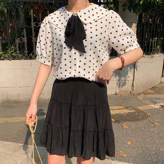 Set: Dotted Short-sleeve Shirt + A-line Skirt