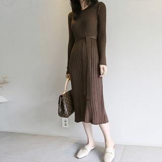 Round-neck Ribbed Midi Dress With Sash