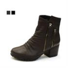 Genuine Leather Zip-detail Shirred Ankle Boots