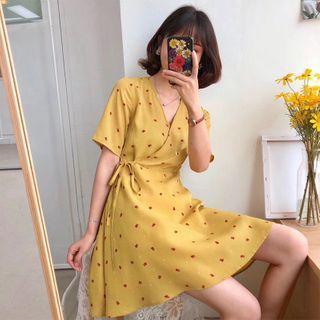 Short-sleeve Floral Print A-line Mini Wrap Dress