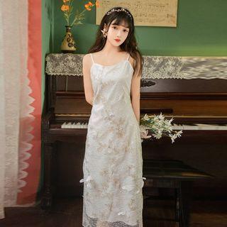 Set: Lace Spaghetti Strap Maxi A-line Dress + Light Jacket