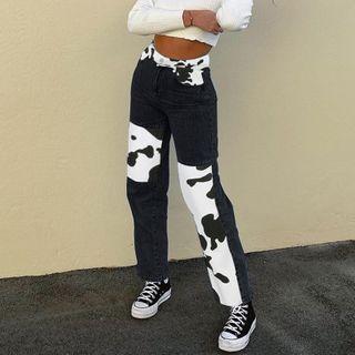 Color-block High-waist Straight-cut Jeans