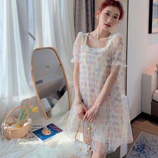 Puff-sleeve Square-neck Dotted Mesh Dress