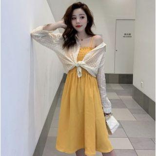 Set: Spaghetti Strap A-line Dress + Checked 3/4-sleeve Shirt