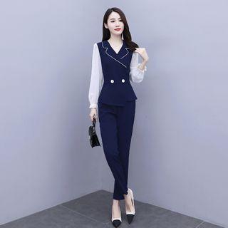Set: Long-sleeve Peplum Top + Straight Leg Pants