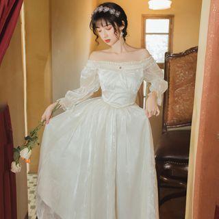 Ruffle Trim Off-shoulder Midi A-line Dress