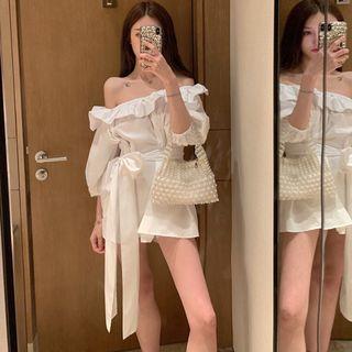 Boatneck Ruffled-trim Plain Shirt With Sash White - One Size