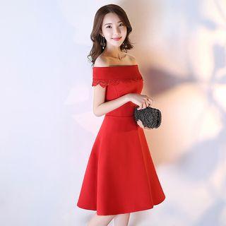 Crochet Trim Off Shoulder Short Sleeve Evening Dress