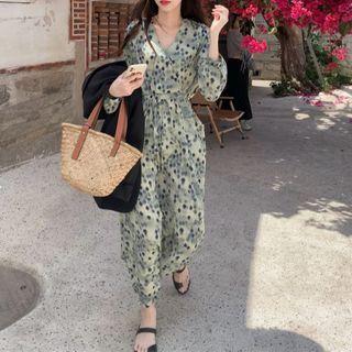 V-neck Floral Chiffon Maxi Dress As Shown In Figure - One Size
