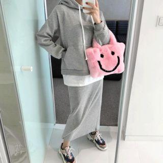 Set: Hooded Cotton Pullover + Band-waist Long Skirt