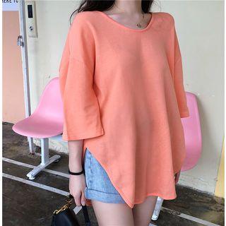 3/4-sleeve Plain T-shirt Tangerine - One Size