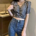 Short-sleeve Crinkled Plaid Top