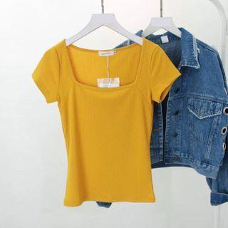 Plain Short-sleeve Ribbed Knit Top
