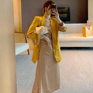 Spaghetti Strap Print Midi A-line Dress / Open-front Blazer