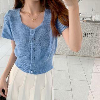 Short-sleeve Plain Cropped Knit Cardigan
