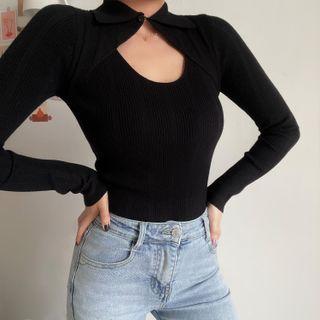 Mock Two-piece Collared Cutout Knit Top Black - One Size