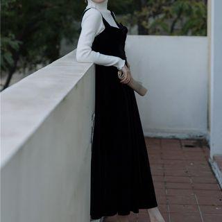 Set: Turtleneck Ribbed Knit Top + Velvet Bow Midi A-line Jumper Dress