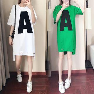 Elbow-sleeve A Print Ripped T-shirt Dress
