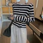 Asymmetric Waist Striped Long-sleeve Top As The Picture Shows - One Size