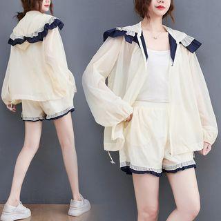Set: Ruffle Zip Jacket + Shorts Almond & Navy Blue - One Size
