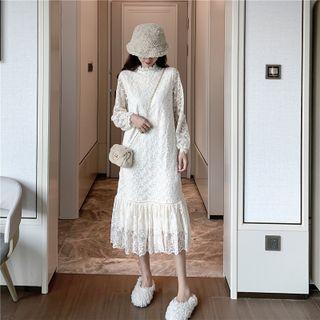 Long-sleeve Mock-neck Lace Midi A-line Dress White - One Size