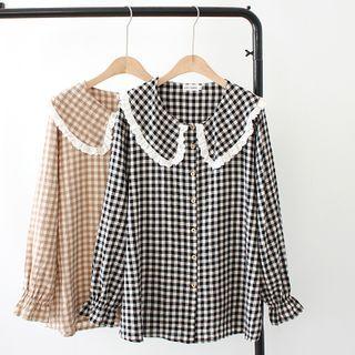 Long-sleeve Wide-collar Check Blouse