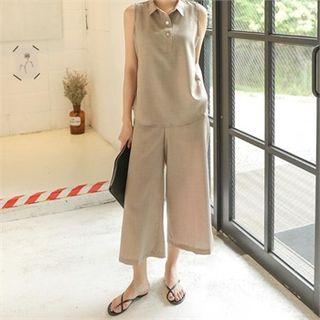 Set: Sleeveless Half-placket Shirt + Band-waist Pants