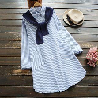 3/4 Sleeve Pinstripe Strap-accent Long Shirt