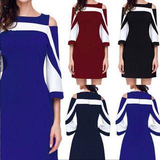 Contrast Trim Cut Out Shoulder 3/4 Sleeve Dress
