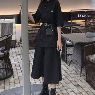 Elbow-sleeve Shirt / Belt / Wide-leg Pants