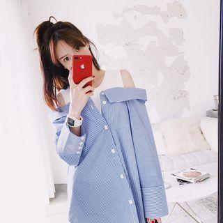 Striped Cold Shoulder Mock Two-piece Long Shirt