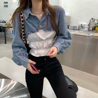 Mock Two-piece Long-sleeve Denim Crop Top As Shown In Figure - One Size