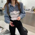 Mock Two-piece Long-sleeve Denim Crop Top As Shown In Figure - One Size