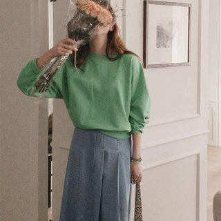 Zip-back Pleated Denim Long Skirt