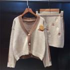 Set: Bear Embroidered Cardigan + Knit Skirt